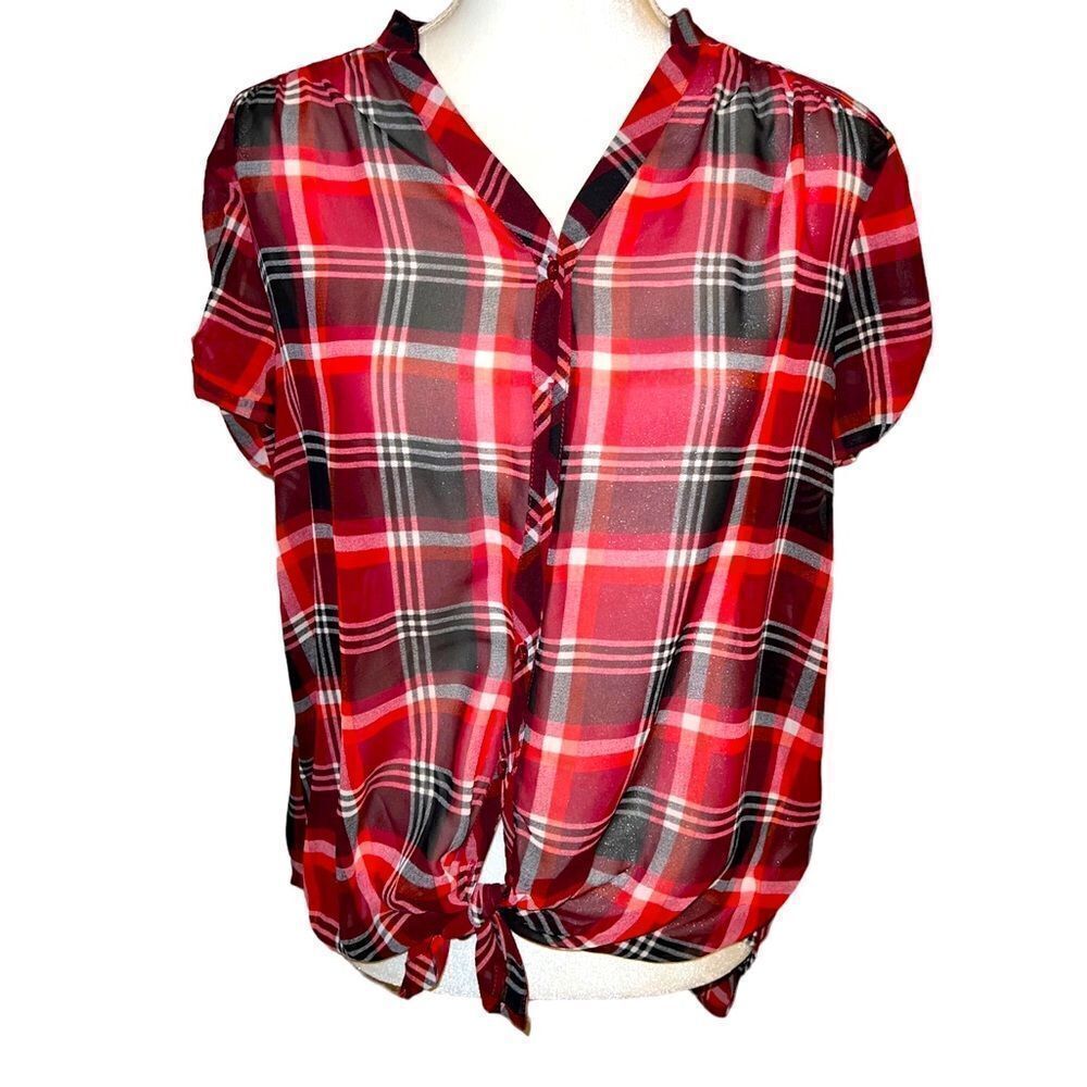 Express semi sheer hi-low plaid shirt, xs
